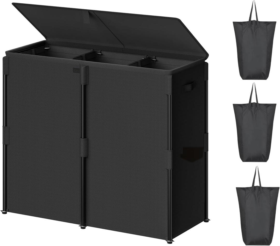 WOWLIVE 180L Laundry Hamper with Lid 3 Section, Large Laundry Basket with Removable Bags, Heavy Duty Metal Frame Dirty Clothes Hampers for Laundry, Laundry Basket Organizer for Laundry Room,Dorm,Black