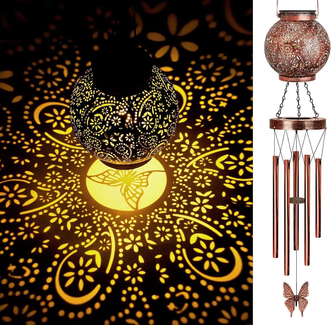 YHmall Solar Wind Chimes for Outside, Butterfly Birthday Gifts for Women Mom, Flower Solar Lantern Windchimes Outdoors, Hanging Memorial Wind Chimes for Garden Decor