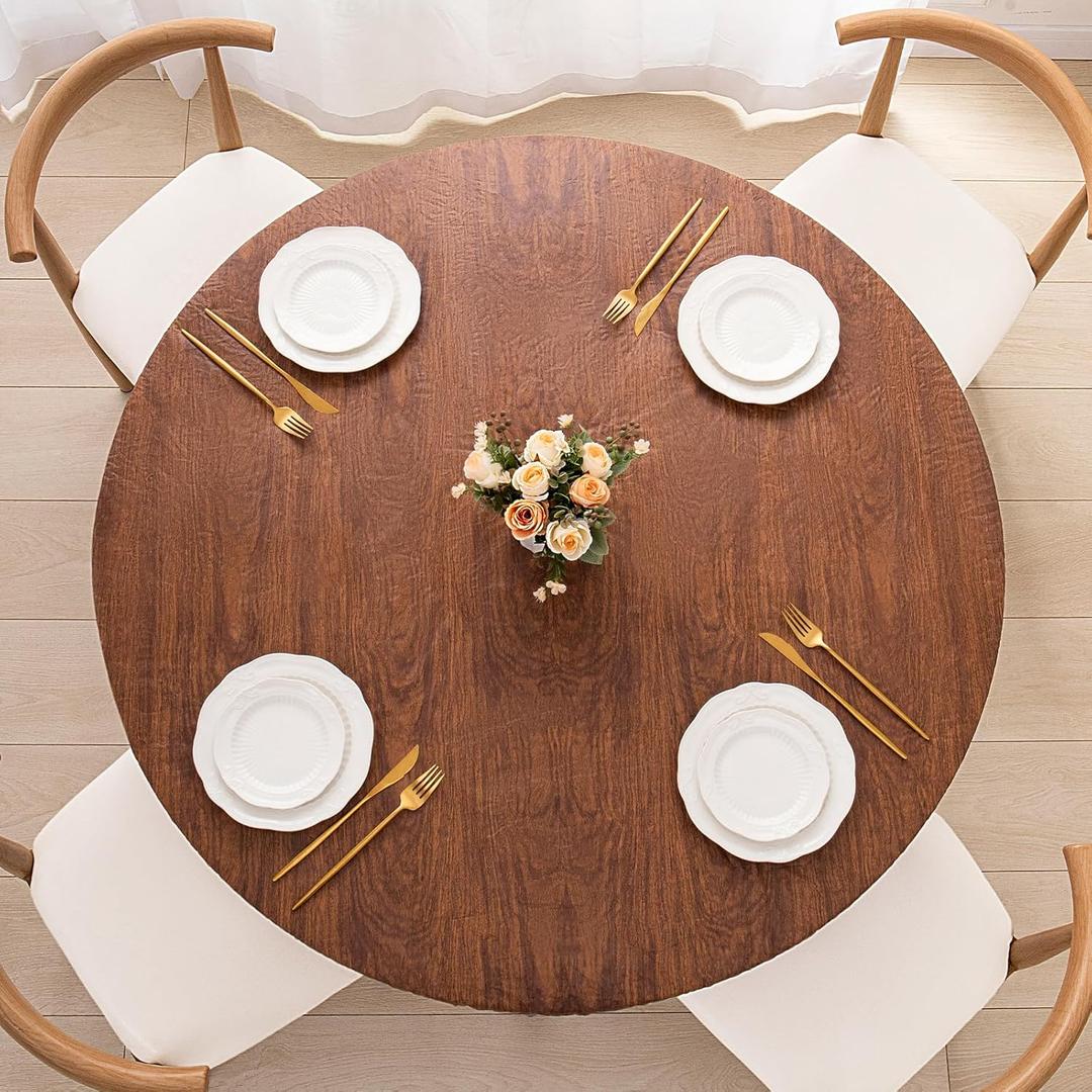 UMINEUX Round Fitted PEVA Vinyl Tablecloth with Elastic Edged & Flannel Backing, Waterproof Wipeable Round Table Cover for Indoor Outdoor Patio Use - Fits Tables up to 57"-65" Dia. (Dark Wood)
