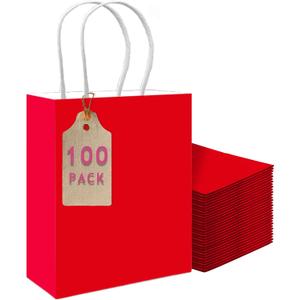qiqee 100PCS Gift Bag with Handles Bulk Red Paper Bags Multiple Uses (11"x5"x8"inch Medium Size)