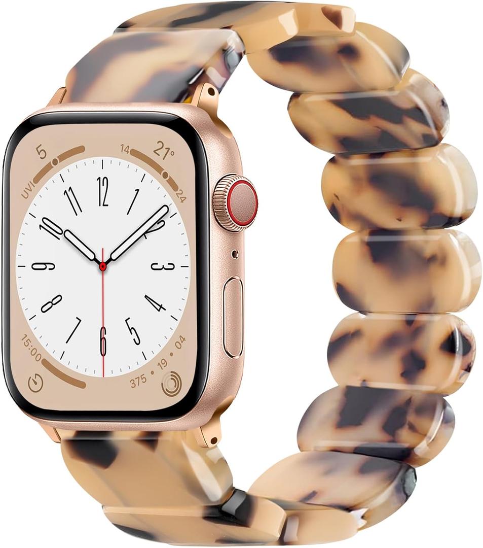 Stretchy Resin Watch Band Compatible with Apple Watch 40mm 38mm 44mm 42mm 41mm 45mm 49mm Women Men, Light Waterproof Strap for iWatch Bands Series 10 9 8 7 6 5 4 3 2 1 SE Ultra/Ultra 2 (44mm/45mm/46mm/49mm/42mm(Series 3)-S: 5.3"-6.7", Blonde Tortoise)