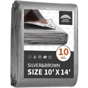 RAINDEWAY 10x14 Feet Tarps Heavy Duty Waterproof,10Mil Thick Multipurpose Poly Tarp Cover with Metal Grommets and Reinforced Edges,Silver/Brown Tarp