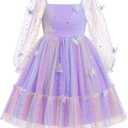 Kids Girls Birthday Party Long Sleeve Star Glitters Tulle Tutu Dress 3D Butterfly Star Sequins Ruffle Dress (8-9 Years, Purple Star Gradient)