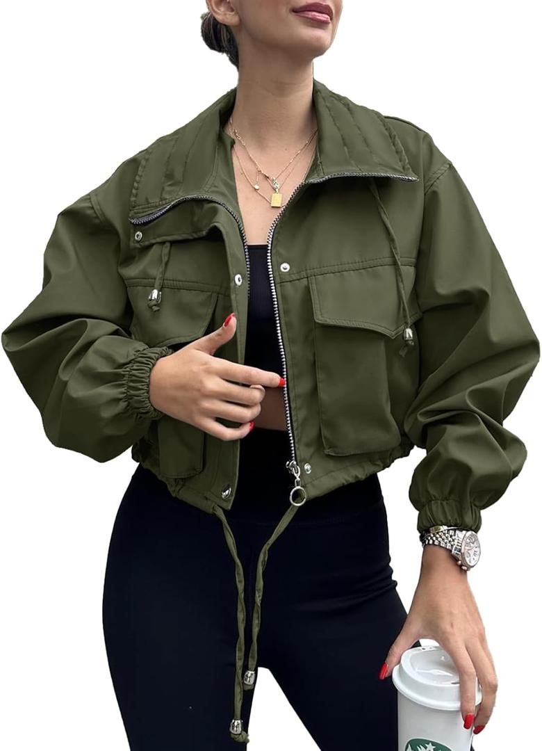 Tankaneo Womens Cropped Jacket Zip Up Lightweight Oversized Utility Anorak Coat with Pockets (Large, Army Green)