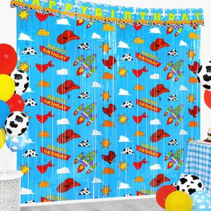 2 x Bupulo Toy Birthday Decorations, 2 Pack Toy Themed Birthday Party Backdrop 3.3 x 6.6ft Cartoon element Tinsel Foil Fringe Curtains Photo Booth Props, Perfect Toy Party Background for Kids
