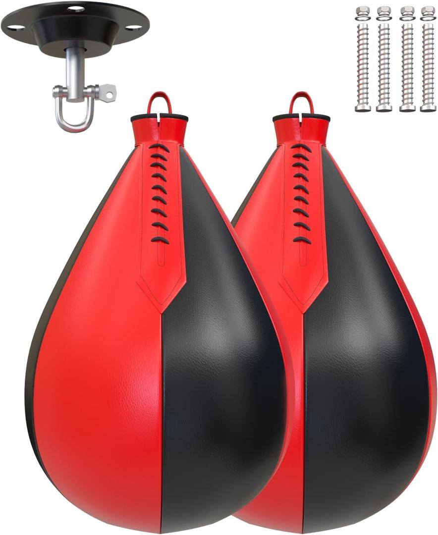 Boxing Speed Bags, PU Leather 2 Pack Hanging Speed Punching Bags Speedball, Dodge Striking Bag for Boxing MMA Muay Thai Martial Arts Training Home Gym Equipment (Red&Black)