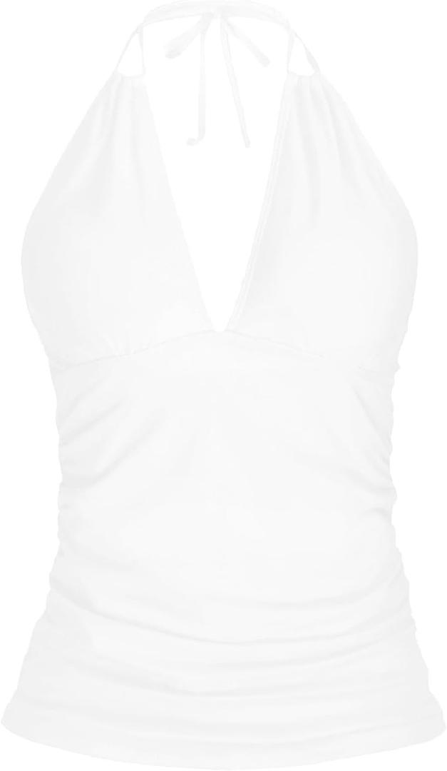 Yonique Women's Halter Tankini Top V Neck Swim Top Tummy Control Bathing Suit, Medium