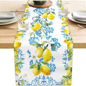 Blue Lemon Table Runner 13x71 Inch Summer Table Runners Yellow Lemon Table Decorations Rustic Coffee Table Runner for Home Kitchen Dining Room Party (13"x71", Yellow Lemon)