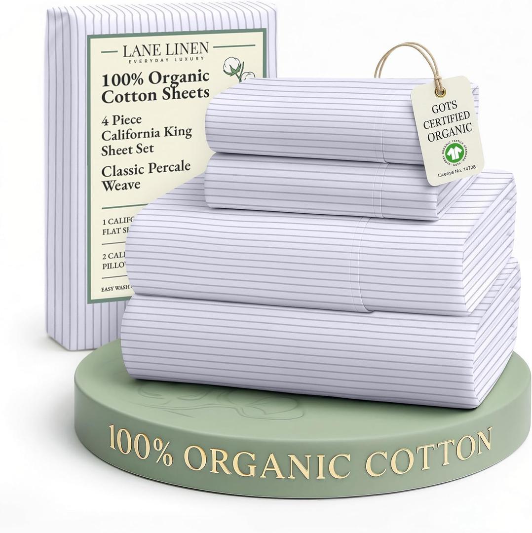 LANE LINEN 100% Organic Cotton Printed California King Sheets Set, 4-Piece All Season Fully Elasticized Deep Pocket Fits Mattress Upto 15", Mercerized Printed Cal King Sheet Set -Ticking Stripe Blue