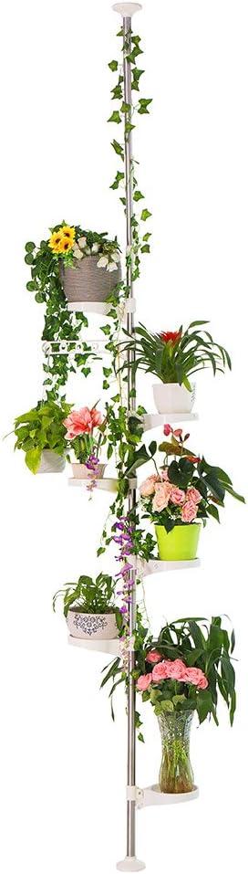BAOYOUNI 7-Layer Indoor Plant Stands Spring Tension Pole Metal Flower Display Rack Space Saver Corner Floral Pot Hanger Shelf, Ivory