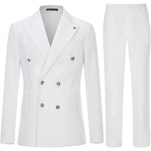 Men's Slim Fit 2 Piece Suit Double Breasted Business Wedding Prom Tuxedo Suits Blazer & Pants Set (30, White)