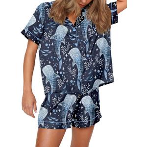 SHESHOW Funny Graphic Pajamas for Women Set Button Down Short Sleeve Top and Shorts Pjs Sets Sleepwear XS-XXL (Small, Blue Whale Shark)