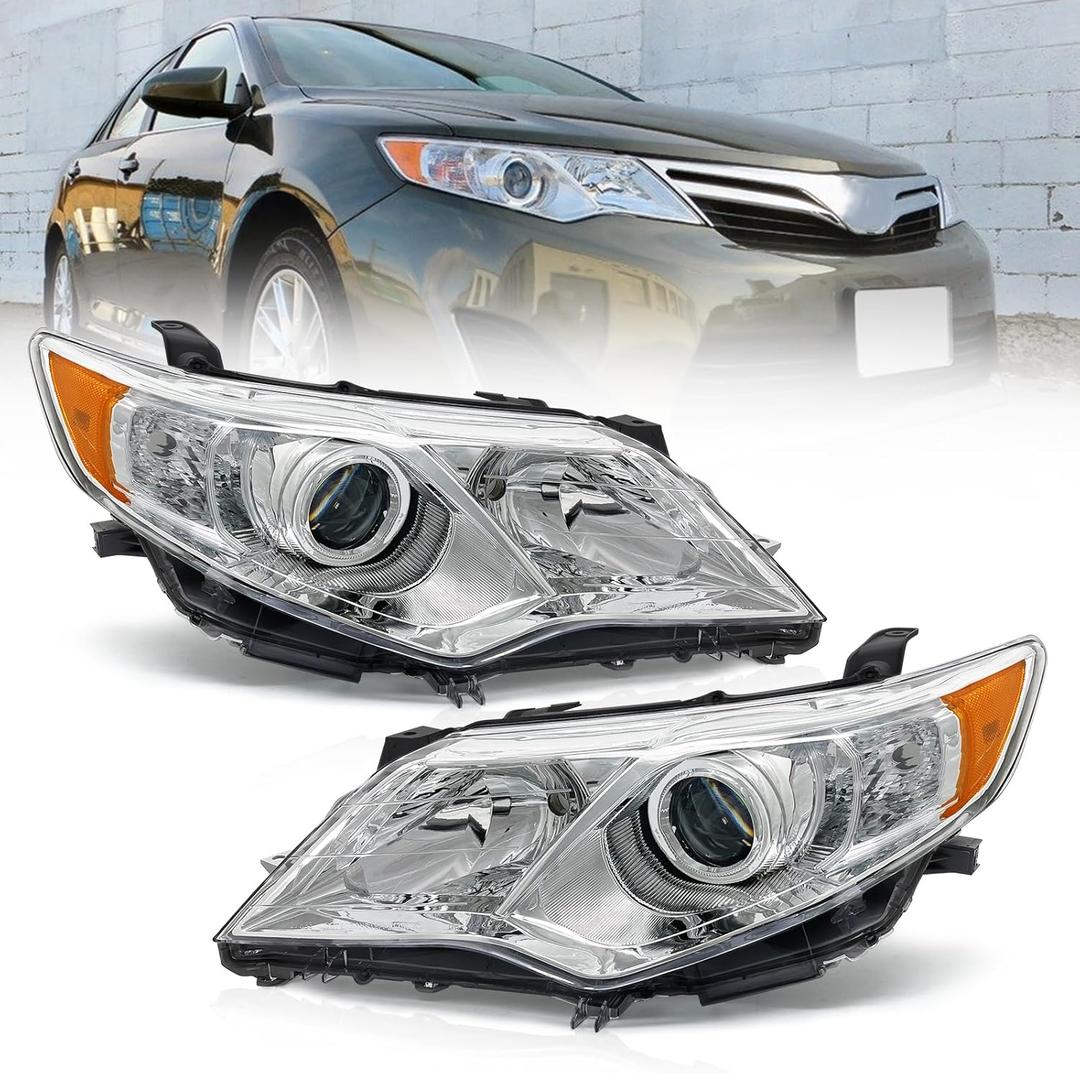 Headlight Assembly Compatible with 2012 2013 2014 Toyota Camry L/Se/Le/Xle Sedan 4-Door Hybrid Headlamp Chrome Housing with Amber Reflector Driver and Passenger Side