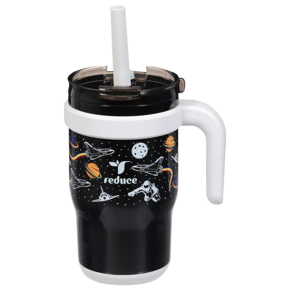 REDUCE 14 Oz Coldee Kids Tumbler with Lid and Straw - Coldee Insulated Travel Mug - Spill-Proof, Sweatproof Stainless Steel, BPA-Free - Includes Handle, Reusable Silicone Straw - Galaxy
