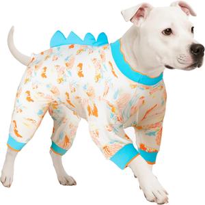 LovinPet Big Dog Jammies, Large Dog Pajamas, Anti Licking Shirt Lightweight Coral Peach Print, UV Protection Shirt, Easy to Wear Adorable Dog Onesie, Blue, 3XL