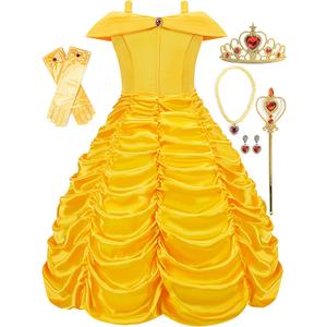 Funna Princess Costume Layered Dress Off Shoulder for Girls Dress Up with Accessories Yellow (5T)
