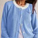 UNCLECAT Women's Cropped Cardigan Sweaters Fall Long Sleeve Open Front Cardigans Button Down Color Block Knit Outwear Coats (Blue, XXL)