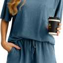 PrinStory Pajamas Set for Women Waffle Knit Lounge Set 2 Piece Outfits Loungewear Sweatsuit with Pockets (Blue, M)
