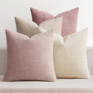 MIULEE Pack of 4 Valentines Couch Throw Pillow Covers 18x18 Inch Neutral Pink Cute Decorative Chenille Pillows Farmhouse Boho Accent Cushion Covers for Coquette Room Spring Decor Sofa Bed Living Room