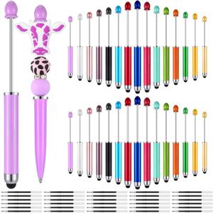 Resurhang 30 Pcs Plastic Beadable Pens 2 in 1 Stylus Bead Pens bulk with 30 Pcs Black Ink Refills for Rubber Touch Screen Handwriting DIY Making ballpoint Gifts Office School Supplies(Stylus)