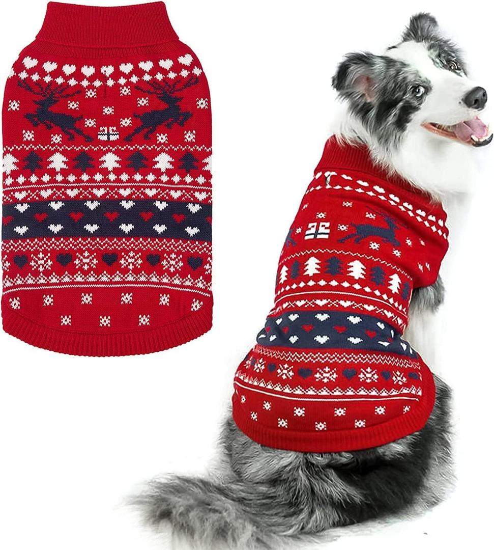 PUPTECK Christmas Dog Sweaters for Cold Weather, Soft Outfit Warm Winter Coat Knitted Dog Clothes for Small Medium Large Doggies Puppy Indoor Outdoor Walking, Colorful Design, Classic (Red) L