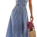 utcoco Denim Dress for Women Sleeveless Button Down Slim Fit Midi Jean Dresses for Women L Blue