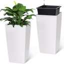 30" Tall Planters Set of 2, Outdoor Indoor Black Planter Pots, High Front Porch Planter Pots with Drainage HolesWater Level MonitorInner Bucket, Automatic Watering, White