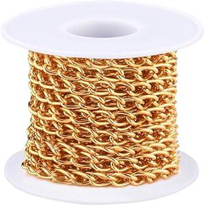 Jishi 16ft Aluminium Curb Chain Roll, Thick Twisted Chain Links, Gold Plated Metal Craft Chain Curb Link Chain Spool for Jewelry Making Necklace Bracelet DIY Crafts, Jewelry Making Findings Supplies
