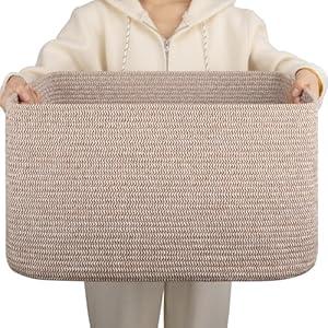 OIAHOMY 75L Large Blanket Basket, Woven Cotton Rope Basket for Organizing 22”x17”x12”, Storage Basket living Room, Bedroom, Nursery, Wave Brown