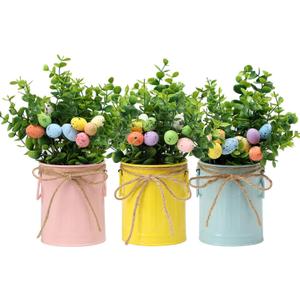 Easter Spring Farmhouse Table Centerpiece, 3 Pack Artificial Eucalyptus Potted Plants with Colorful Eggs, Spring Greenery Decor for Kitchen, Living Room & Home