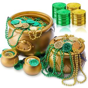 116 Pcs St. Patrick's Gold Cauldron Kettle with Beaded Necklace Coins Set 1 Pcs Large 1 Medium 2 Lucky Small Plastic Leprechaun Pot for St. Patrick's 12 Beaded Necklace 100 Shamrock Coins