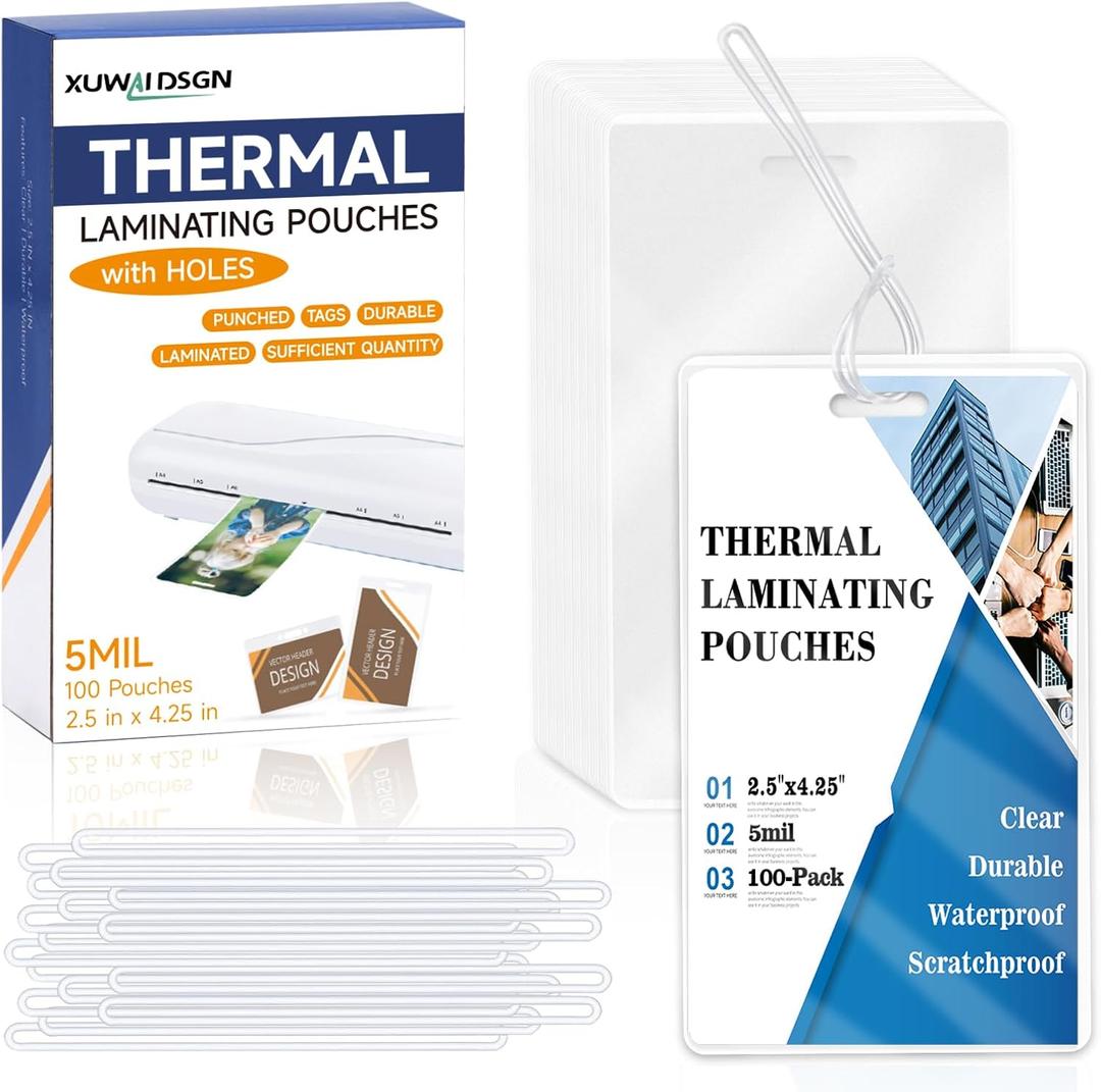 100 Pack 5 Mil Laminating Pouch with Clear Loop 2 1/2" x 4 1/4" Luggage Tag Laminating Pouches with Slot Hole Thermal Laminate Pouch Tags Kit Resealable for Work Permits Pass Cards Student ID Cards (White)