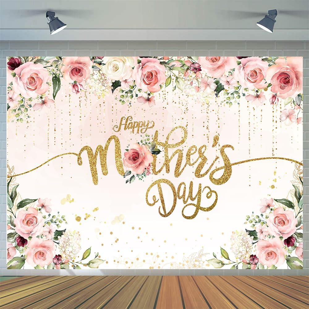 CYLYH 8x6ft Happy Mother's Day Backdrop Floral Golden Dots Mothers Day Birthday Photography Background for Women Vinyl Thanks Mother's Day Photo Booth Props