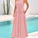 BTFBM 2025 Women Summer Vacation Dresses Sleeveless Crewneck Loose Beach Sundress Bubble Hem Tank Maxi Dress Pockets (Pink, S)