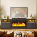 MXV 80" Fireplace TV Stand for TVs Up to 90", LED Light Entertainment Center with 36" Electric Fireplace, Modern Wood Texture TV Media Console with Highlight Storage Cabinet, Black+Black