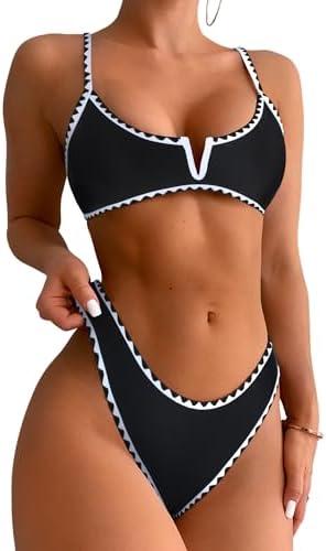 ZAFUL Women's High Cut Bikini Sets Ribbed V-Wire Cami Bikini Two Piece Swimsuit, L