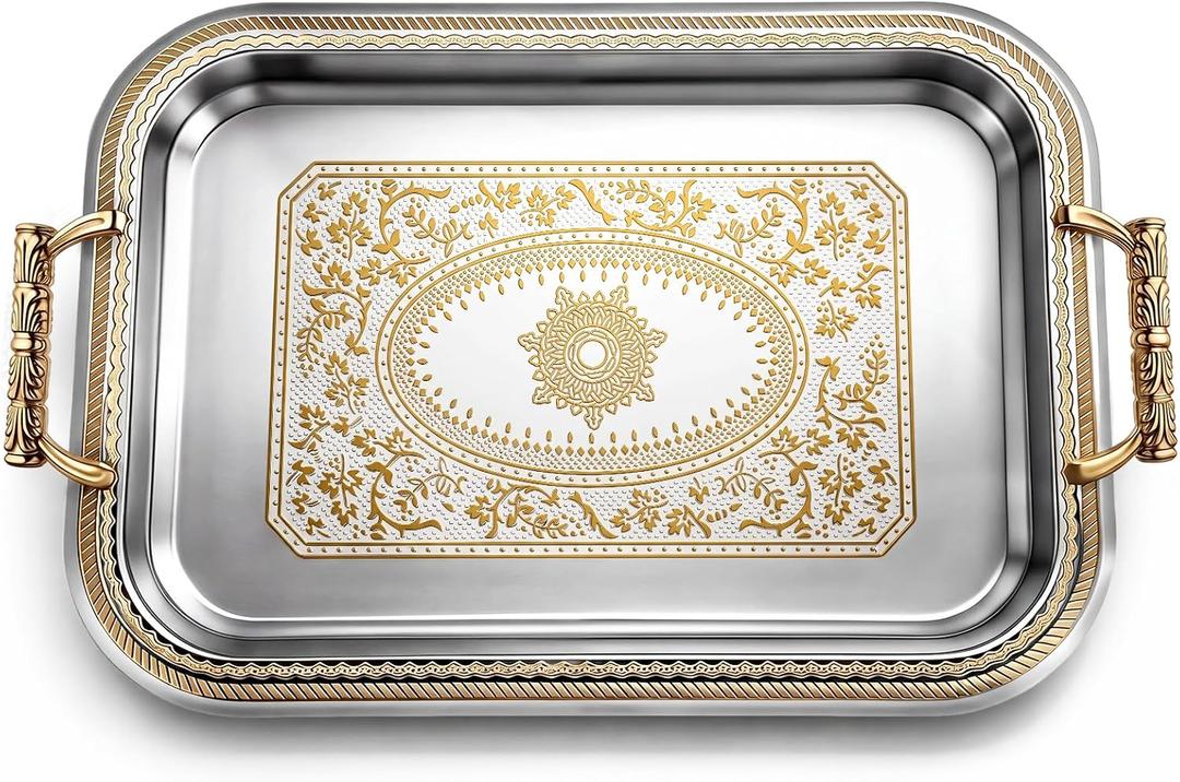 Rtteri 1 Pcs Gold Serving Trays with Handles Rectangle Stainless Steel Metal Plate 16.1" x 11.4" mirror Tray for Cake Cookies Snacks Desserts Fruit Ottoman Coffee Table Room Whiskey Table Decor