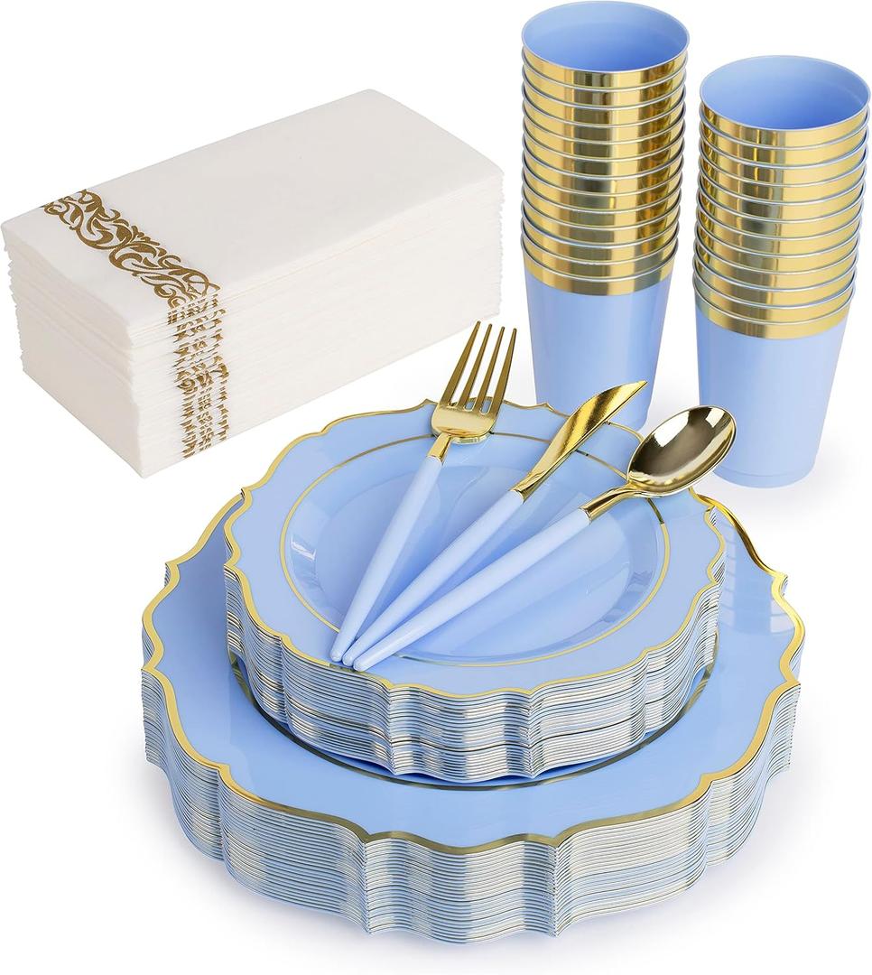Baby Blue & Gold Disposable Dinnerware Set for 25 Guests  175 Pc Heavy Duty Plastic Plates, Cups & Gold Cutlery  Elegant Party Supplies for Wedding, Baby Shower & Birthday