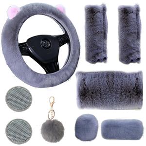 Cute Fluffy Steering Wheel Cover for Women, Girls; Universal 15 Inch (Gray)