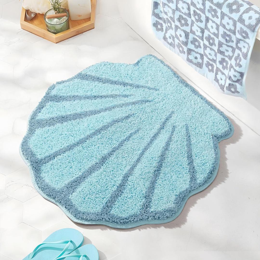 Seashell Bathroom Rugs and Mat Cute Beach Bath Mat for Cartoon Sea Bathroom Decor Aqua Blue Bath Rugs Plush Non-Slip Foot Mat Absorbent Bathtub Rug Washable (1'11" (Round))