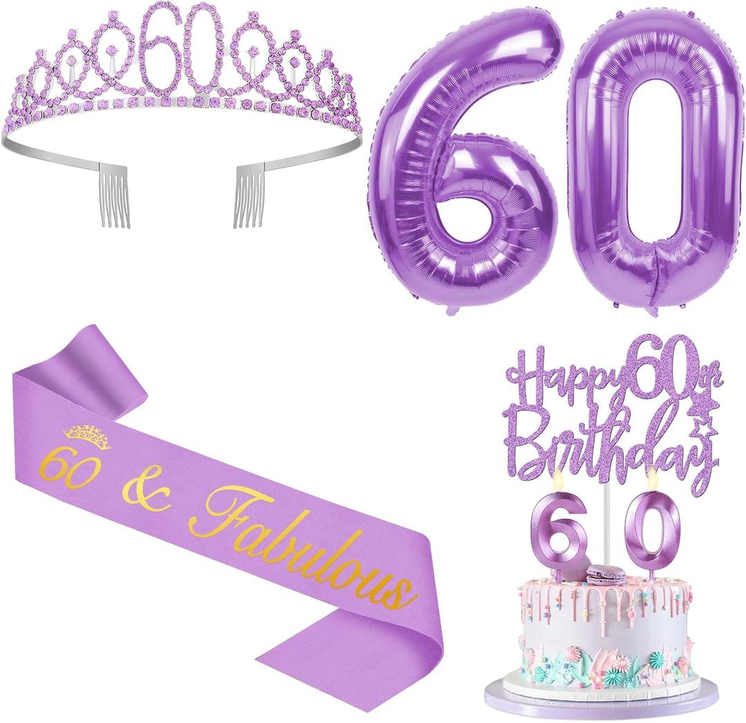 60th Birthday Decorations for Women Purple with 60th Birthday Sash and Crown, Cake Topper and Candles, Number Balloons, 60 Year Old Gifts for Women