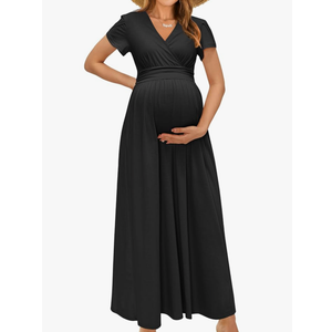 OUGES Maternity Maxi Dress Wrap V Neck Baby Shower Pregnancy Dresses for Photoshoot, 5XL, Black