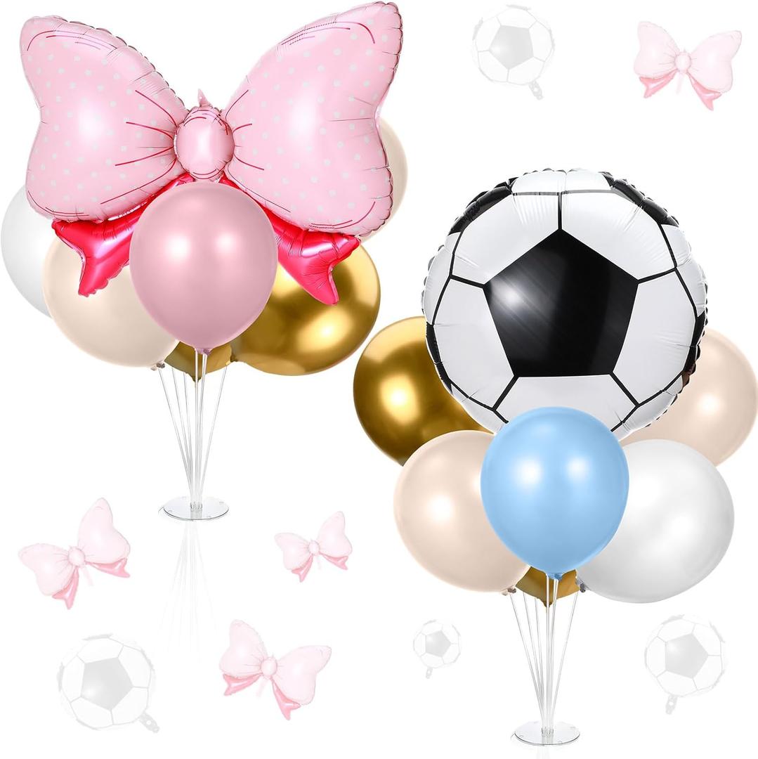 Hungdao 2 Sets Gender Reveal Soccer or Bows Party Decorations Goals or Bows Table Centerpiece Balloon Stand Kit with Foil and Latex Balloon for Boy or Girl Baby Shower Birthday Party Supplies