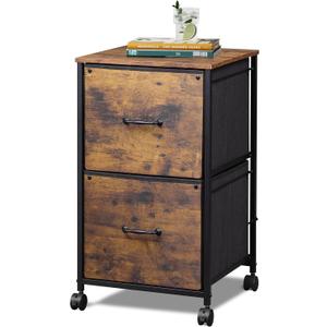 DEVAISE 2 Drawer Mobile File Cabinet, Rolling Printer Stand, Fabric Vertical Filing Cabinet fits A4 or Letter Size for Home Office, Rustic Brown Wood Grain Print, 15.4 inches x 26.8 inches x 15.7 inches