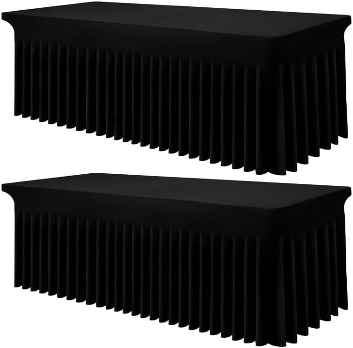 Smiry Spandex Tablecloth 2 Pack, Elastic Fitted Stretch Tablecloth for 8FT Rectangle Tables, Waterproof Washable Table Cover Skirt for Outdoor, Wedding, Banquet & Parties (Black, 96Lx36Wx30H Inch)