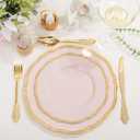 Hioasis 60pcs Pink Plastic Plates - Pink and Gold Disposable Dinnerware with Gold Rim, Heavy-duty, 10 inch, Dinner Plates for Party & Mothers Day