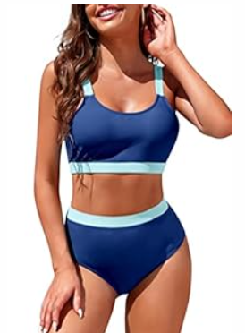 Womens High Waisted Bikini Sets Sporty Crop Top Color Block Swimwear Bandeau Scoop Neck Vintage Two Piece Bathing Suits (X-Large, Blackish Green)