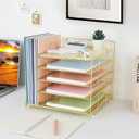 Desk Organizer, 5-Tier Paper Letter Tray Organizer with File Holder, Drawer and Pen Holder, Desktop Organizer for Office Supplies, Gold