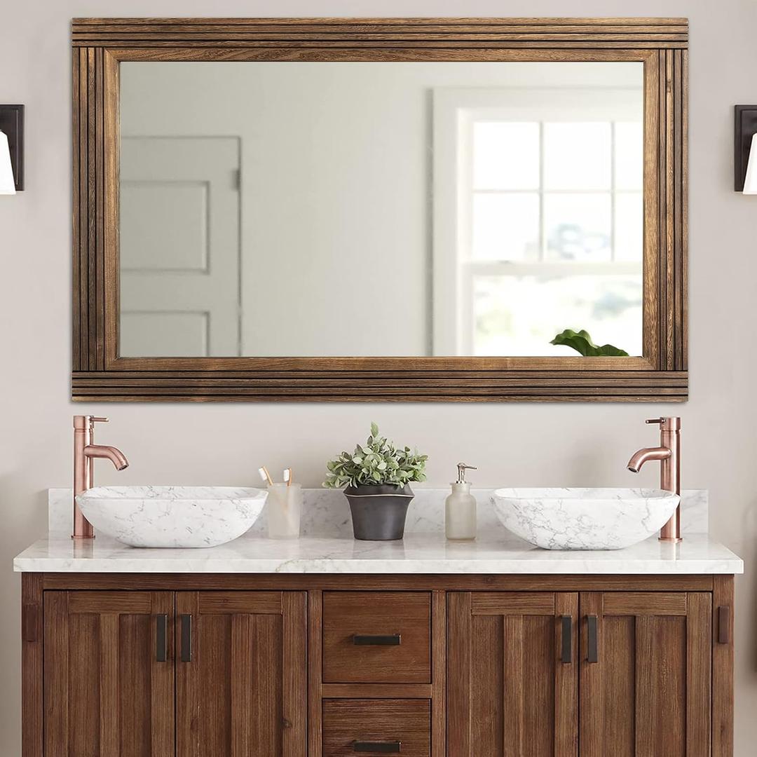 Hand-Made Wooden Spliced Wall Mirror for Bathroom, Rustic Farmhouse Vanity Mirror, Décor Wall Art, Solid Wood Frame, Vertical or Horizontal Hanging