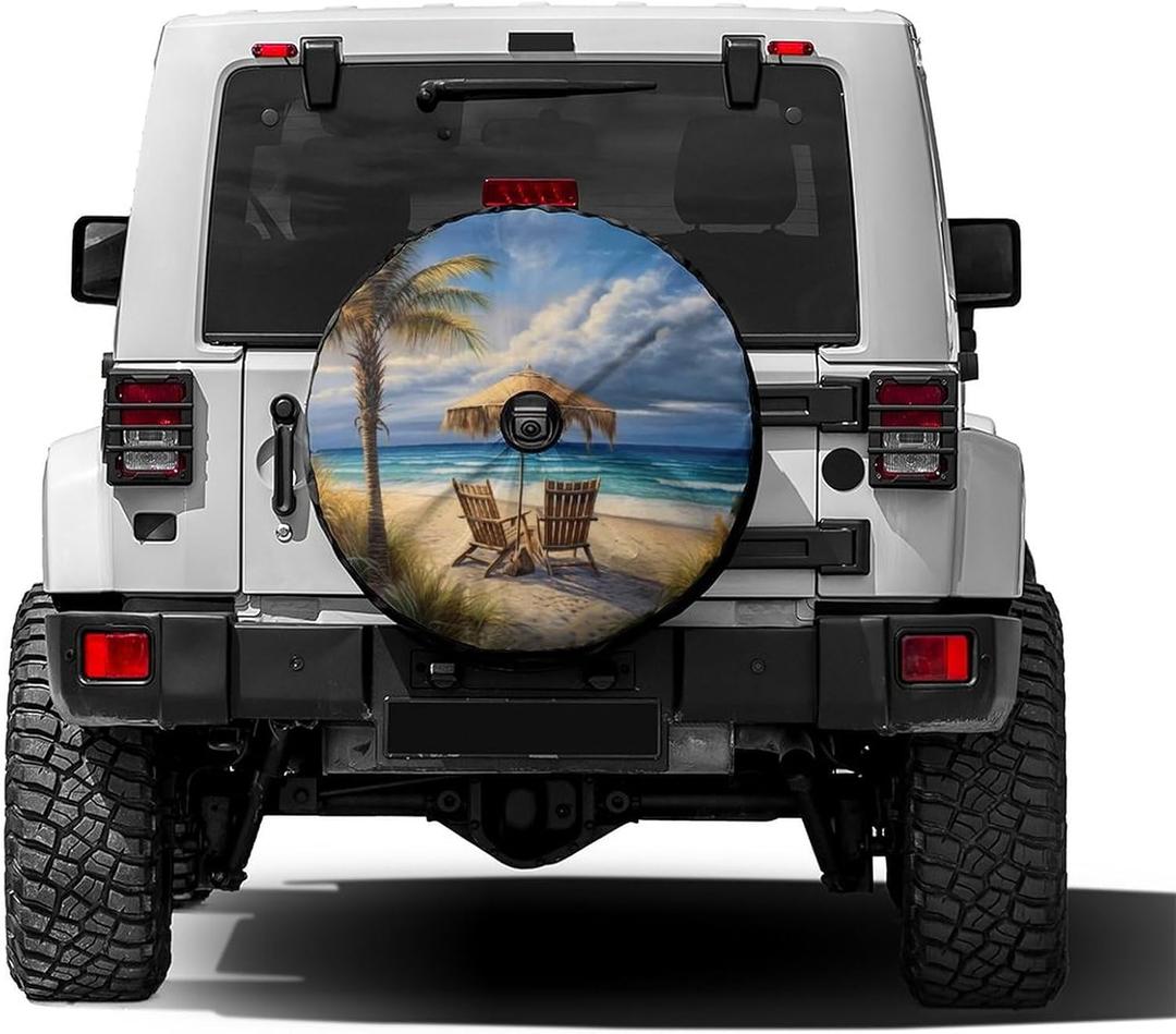 Foruidea Beautiful Beach Palm Trees Spare Tire Cover with Backup Camera Hole Wheel Tire Cover Fit Trailer, RV, SUV and Many Vehicle 17inch